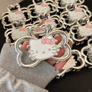 可爱KT猫咪蝴蝶结抓夹女高级感银色发夹后脑勺盘发鲨鱼夹头饰发抓