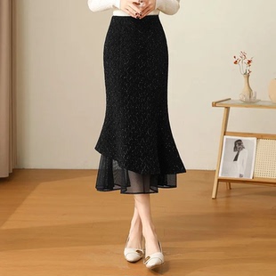 2025新款小香风鱼尾亮丝半身裙高腰显瘦时尚中长款一步包臂裙