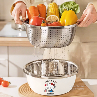 三丽鸥304不锈钢淘米沥水神器洗米筛细孔食品级厨房漏盆过滤篮子
