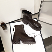 增高7CM软皮厚底粗跟小短靴女秋冬百搭棕色圆头马丁靴短筒瘦瘦靴