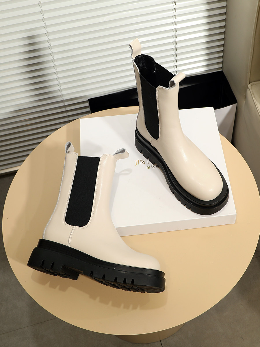 여성용 프렌치 첼시 부츠 트렌드 가을 겨울  가죽 두꺼운 밑창 마틴 부츠 중반 종아리 탄성 굴뚝 부츠 소매 짧은 부츠