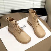 软皮马丁靴女英伦风秋季 温柔杏色短靴平底大头靴系带芒果头及踝靴