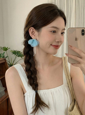 银针流苏夏日韩系爱心串珠耳环网纱轻盈清新优雅时尚甜美耳钉耳饰