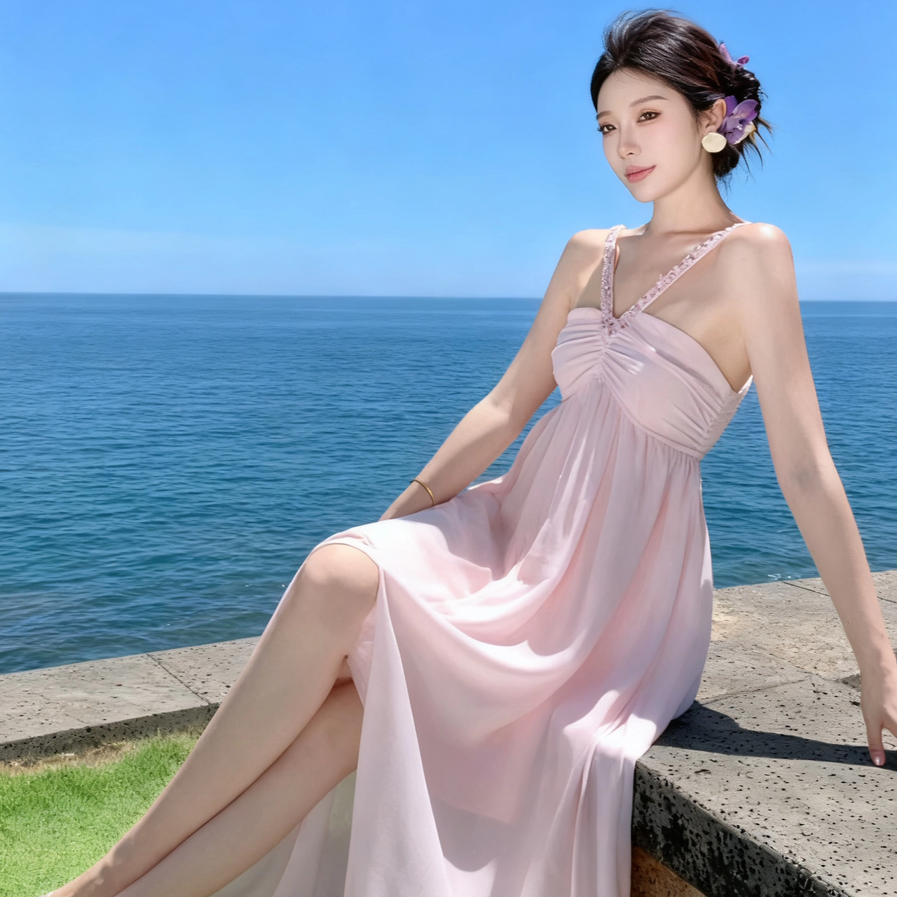 海岛穿搭法式超好看粉色吊带