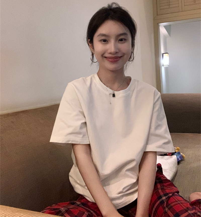 纯棉磨毛圆领短袖T恤女秋新款多巴胺穿搭叠穿休闲半袖打底衫上衣