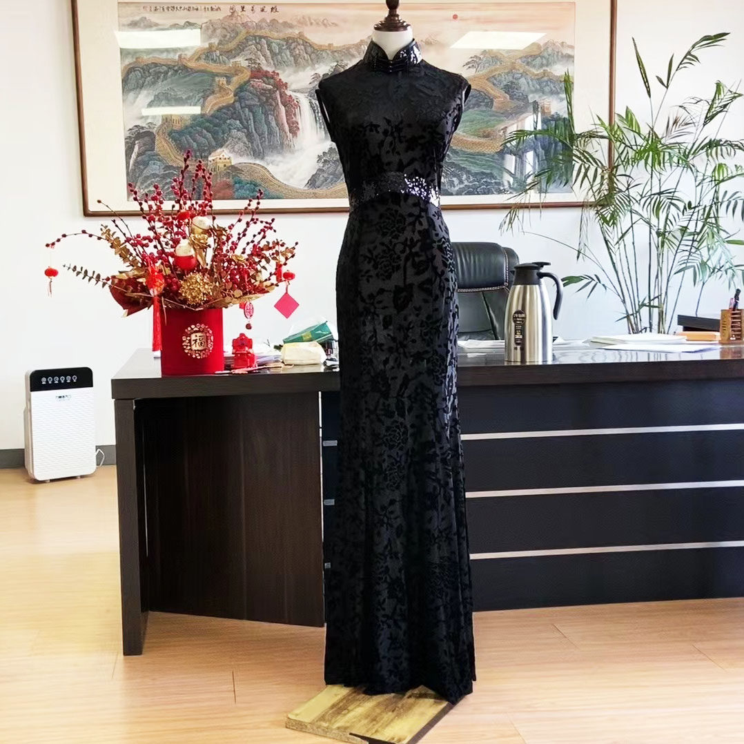 魅力黑色提花烧花绒娴馨高档烧弹力单层鱼尾立体裁剪走秀长款旗袍