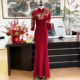 旗袍 枣红色走秀喜婆婆长款 长款 鱼尾弹力五分袖