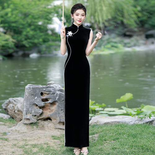 走秀旗袍新款珍珠丝绒修身形体礼仪团队舞台模特气质表演出服