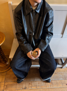 Anniehall25fw 荔枝纹皮水洗哑光做旧复古工装皮衣夹克