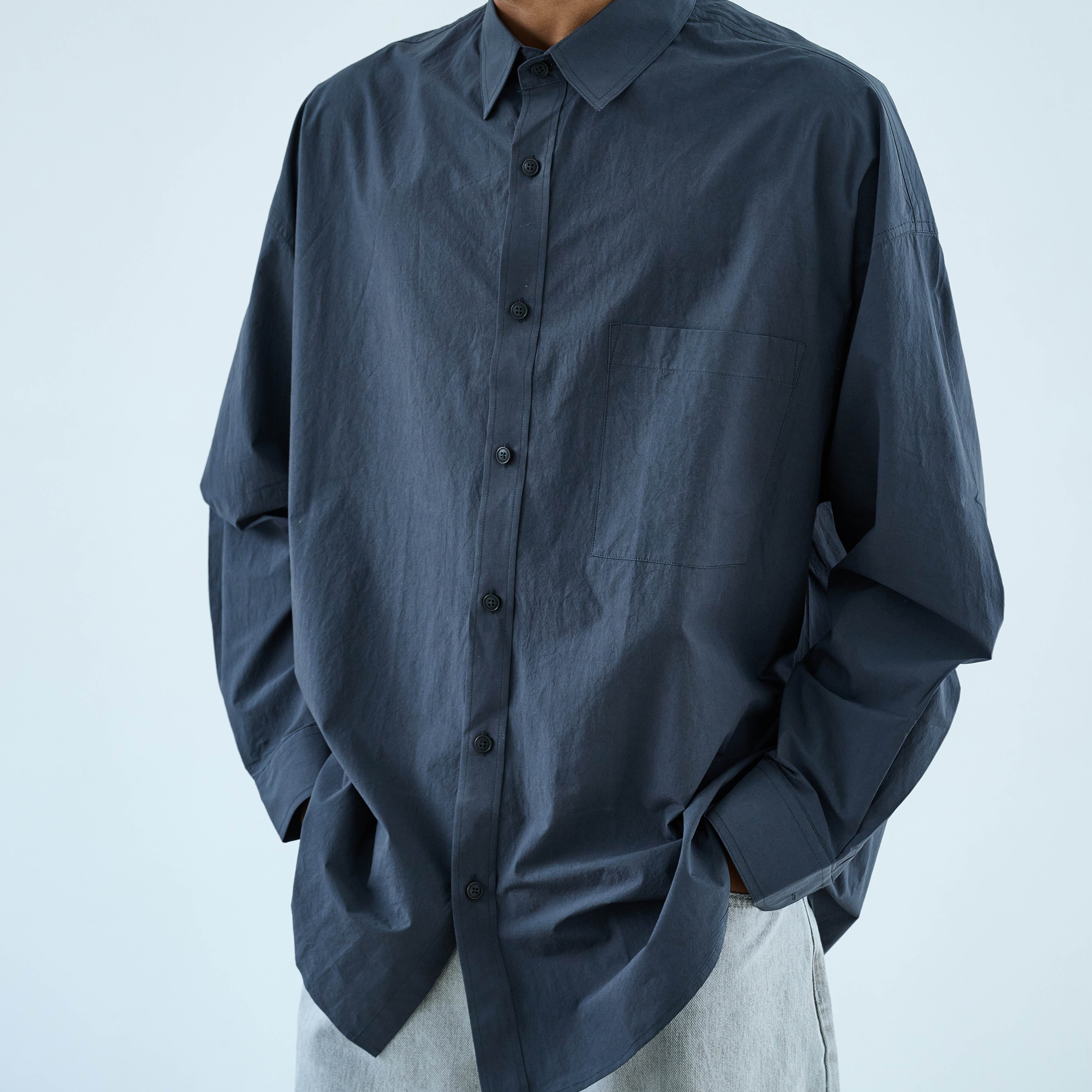 Anniehall25ss charcoal grey shirt水洗做旧炭灰色长袖衬衫复古