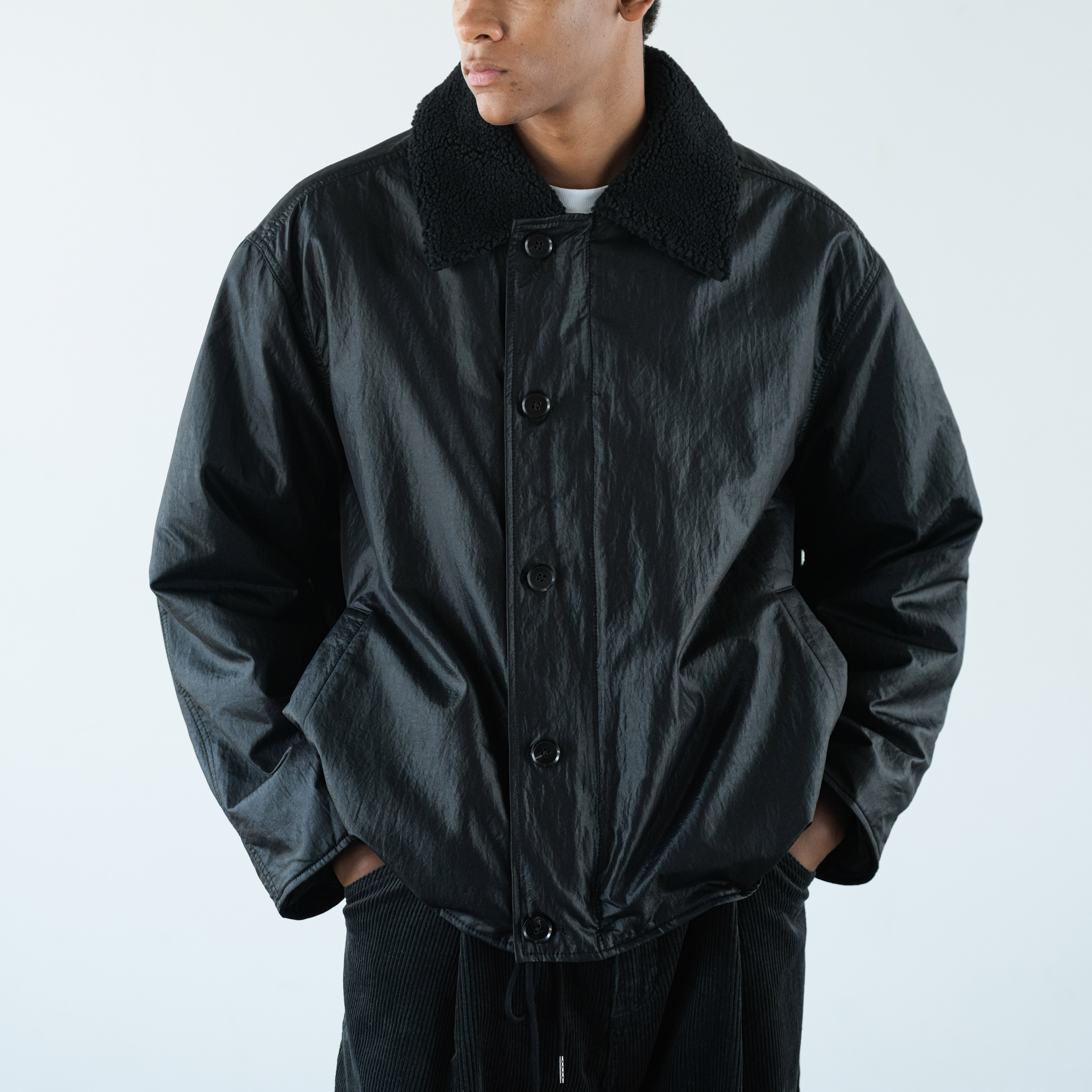 复古羊羔毛领甲板服短宽裁剪