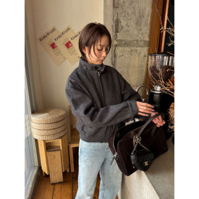 人字纹羊毛毛呢哈灵顿夹克棉服