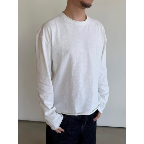 竹节棉卷边短宽长袖T恤