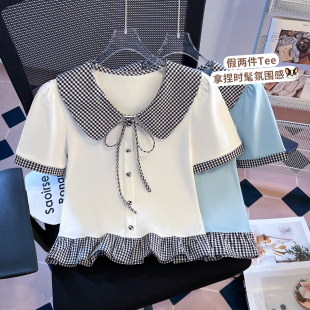 夏季 显瘦娃娃领喂奶衣产后期上衣 哺乳衣外出学院风假两件T恤时尚