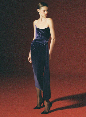 晚礼服中长款丝绒茄紫色个性气质2024新款妈妈装小礼服晚宴连衣裙