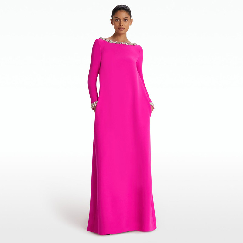 玫红色晚礼服轻奢重手工镶钻高端2025新款大气宽松显瘦妈妈装长款