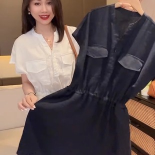 欧洲站V领短袖棉麻中长款衬衫裙女夏季薄款抽绳收腰遮臀连衣裙黑