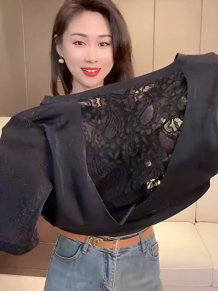 短袖网纱T恤女拼接蕾丝