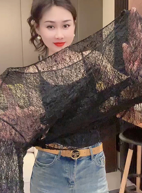 MORAN小众春夏长袖打底衫高级感褶皱蕾丝镂空弹力圆领打底上衣女