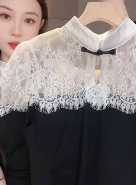 复古新中式夏季蕾丝拼接纯棉盘扣短袖T恤女国风撞色旗袍立领上衣t