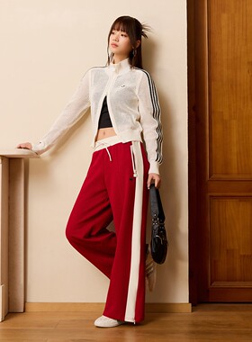 阿迪达斯三叶草女子26年撞色条纹镂空网眼开衫外套KE0202 KC6496