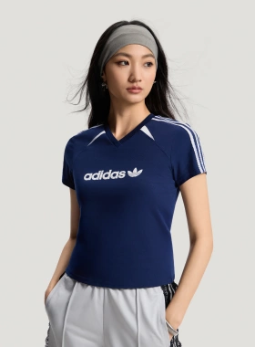 Adidas阿迪达斯三叶草女子26年夏撞色条纹V领短袖T恤KU4763 4762
