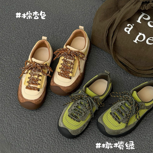 丑萌拼色登山德训鞋女 牛皮厚底复古休闲工装徒步鞋