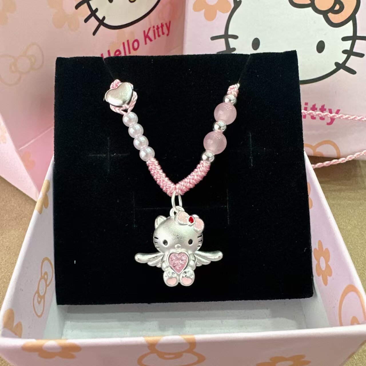 足银999hellokitty爱心天使凯蒂猫吊坠纯银编织项链款送儿童女友