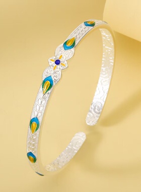 新款足银999.9珐琅四叶草凤尾银手镯新款轻奢小众精致国潮风银镯