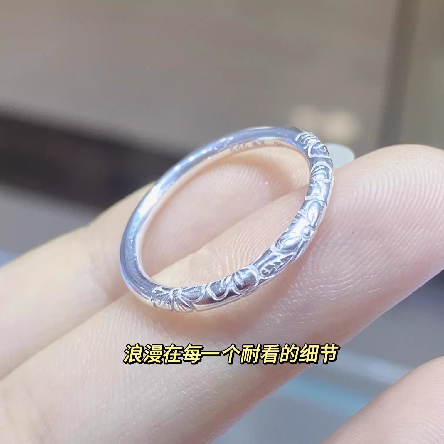 足银999古法古吉樱花戒指浮雕气质素圈实心情侣款百搭纯银戒指