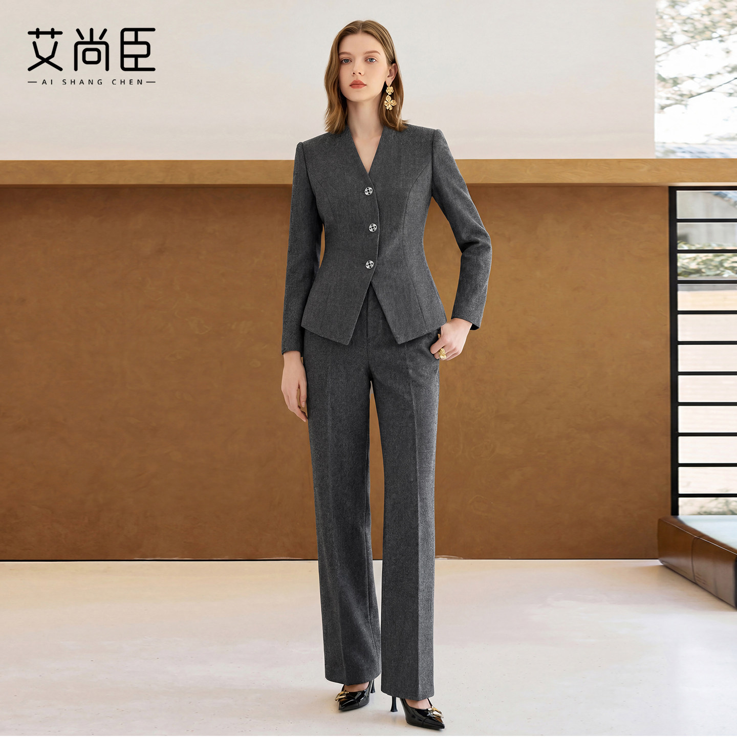 艾尚臣高级感灰色西装套装女春季长袖职业装通勤商务优雅风两件套