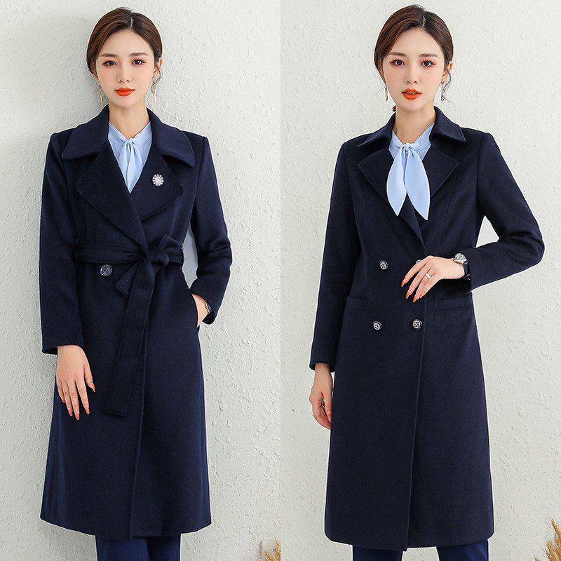 工装呢子大衣中长款女正装工作服面试职业装毛呢外套老师收腰系带