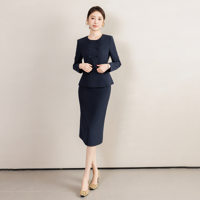钟老板 藏青色复古修身西装套装女2025秋季新款外套半身裙两件套