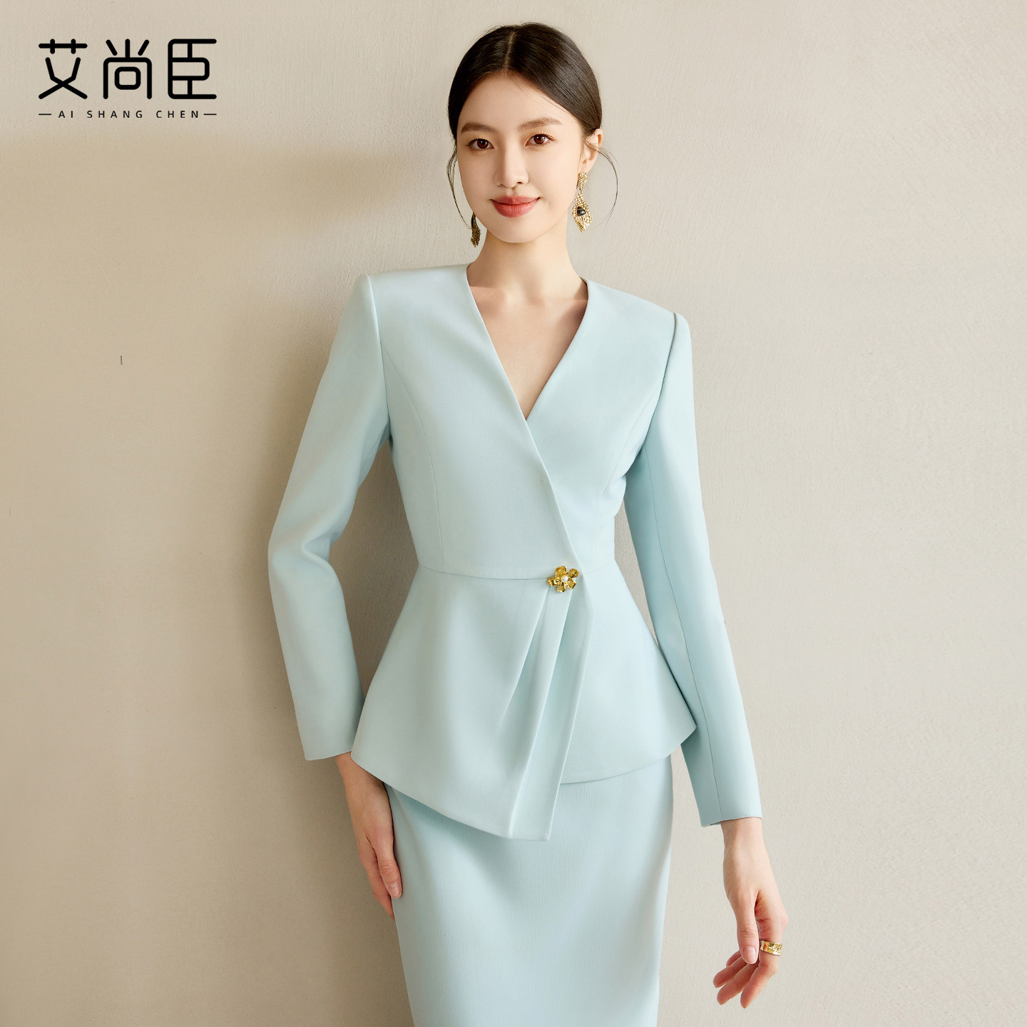艾尚臣春夏西装两件套裙女神范气质半身包臀裙高级感职业装正装蓝