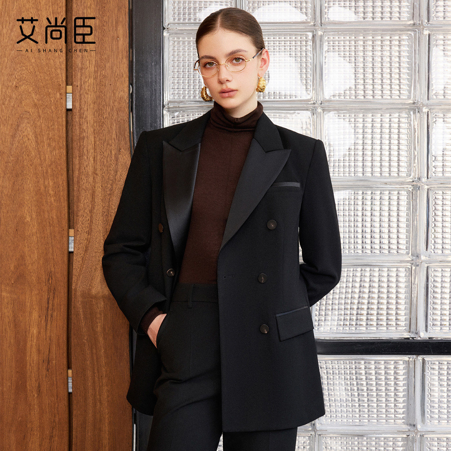 艾尚臣黑色双排扣西装外套女职场正装商务气质通勤西服上衣高级感