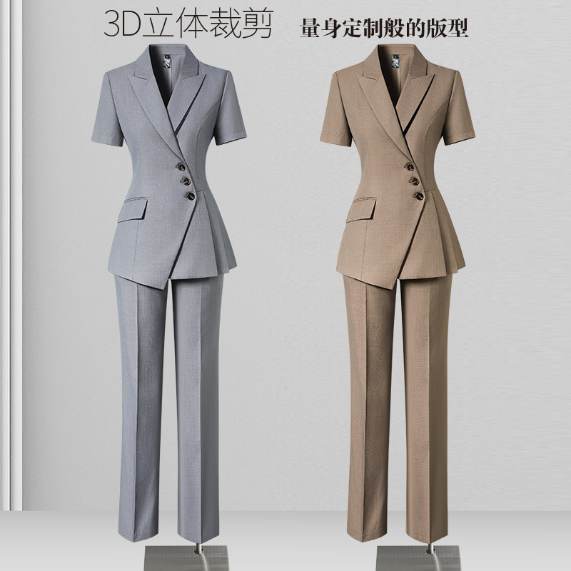 灰色西装套装女夏薄款短袖高级感职业装气质经理正装珠宝店工作服