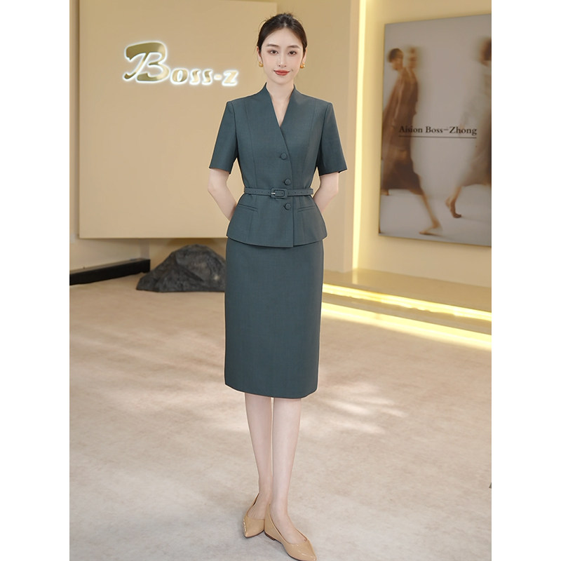 钟老板 2026夏季新款气质通勤灰绿色V领西装外套半身裙两件套装女
