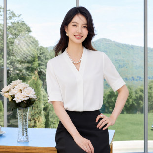 艾尚臣衬衫女款2026新款白色V领短袖夏季职业装通勤百搭职业衬衣