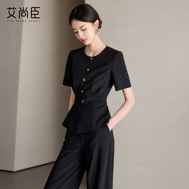 艾尚臣黑色西装套装女高级感夏季公务员面试正装圆领短袖西装外套