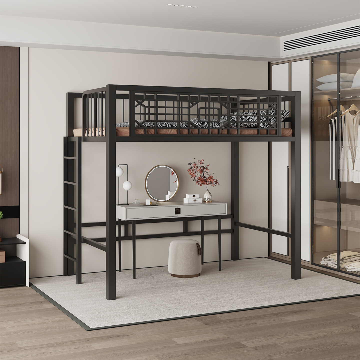 新中式铁艺床阁楼高架床爬梯省空间简约楼梯小户型公寓省空间定制