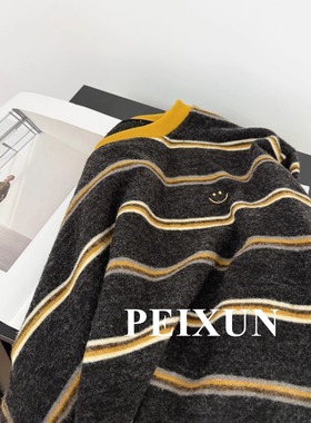 糖炒栗子 韩国刺绣兔绒条纹拼色中长款Ｔ恤亲肤软糯绒衫长袖