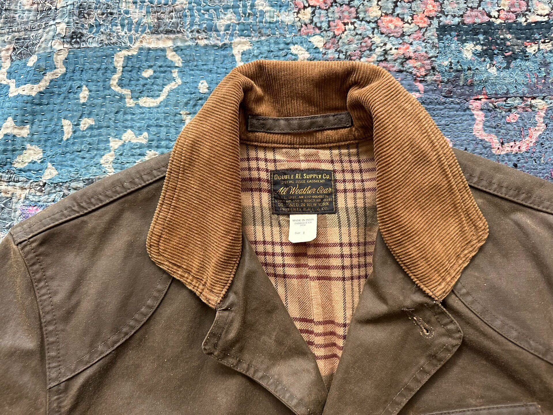 RRL Brown Oiled Wax Corduroy Collar Jacket — detail