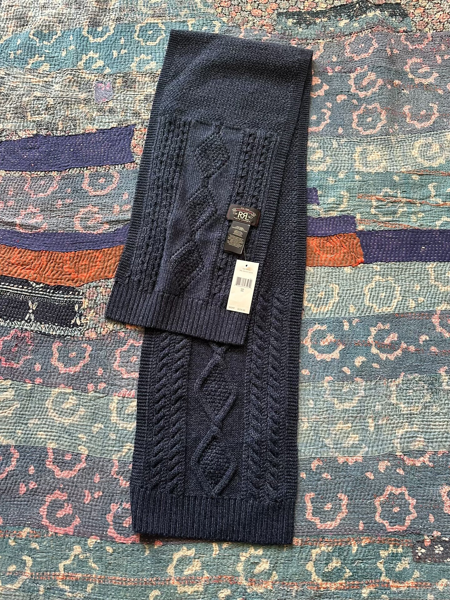 RALPH LAUREN Navy Cable-Knit Scarf
