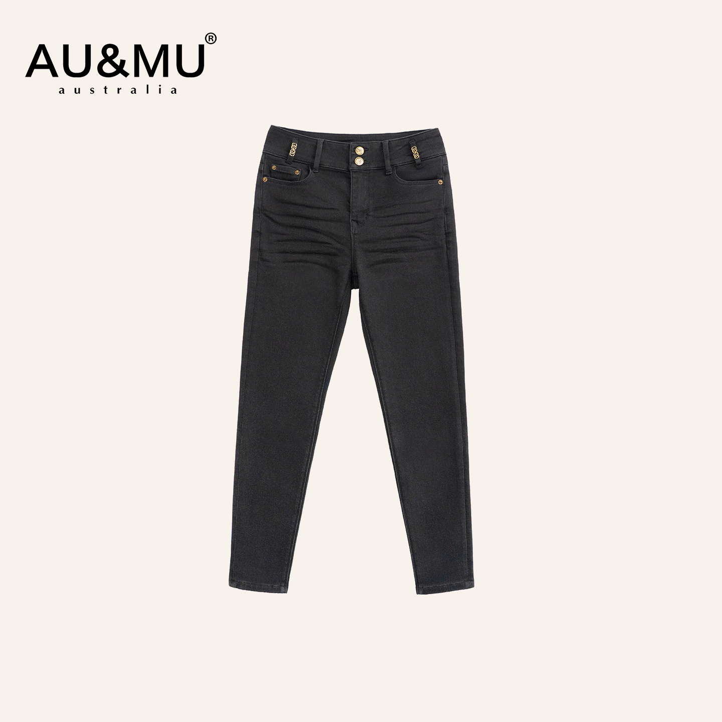 AUMU黑色提臀加绒牛仔裤直通裤