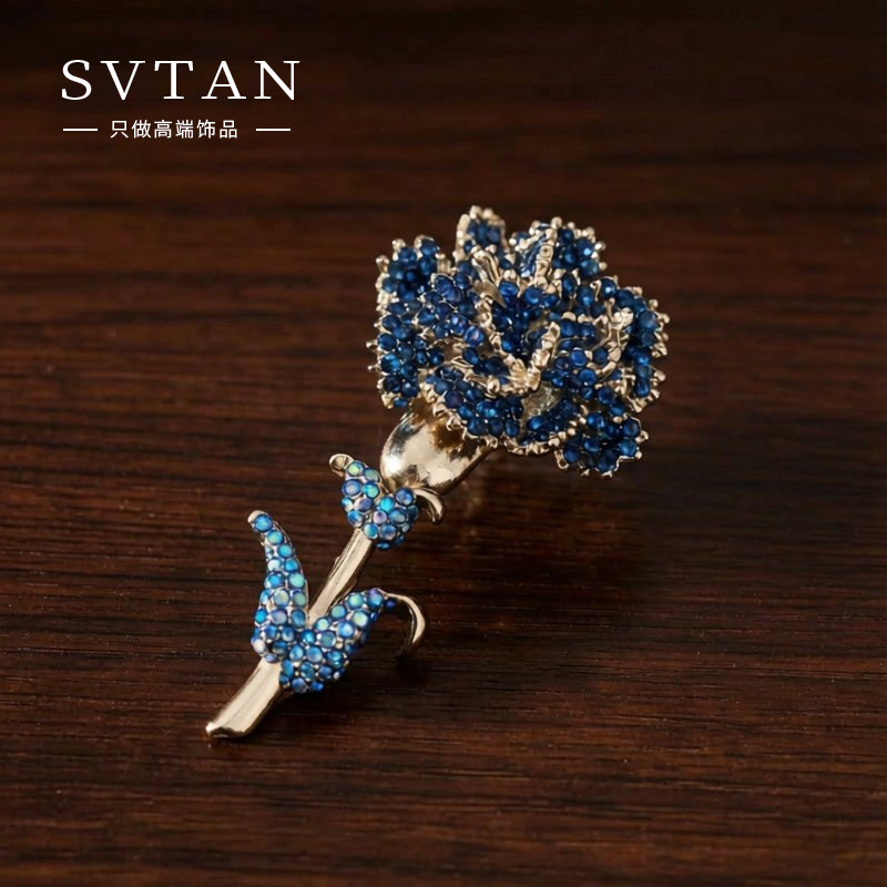 法式复古蓝色妖姬玫瑰胸针女高档女胸花气质外套大衣西装别针配饰
