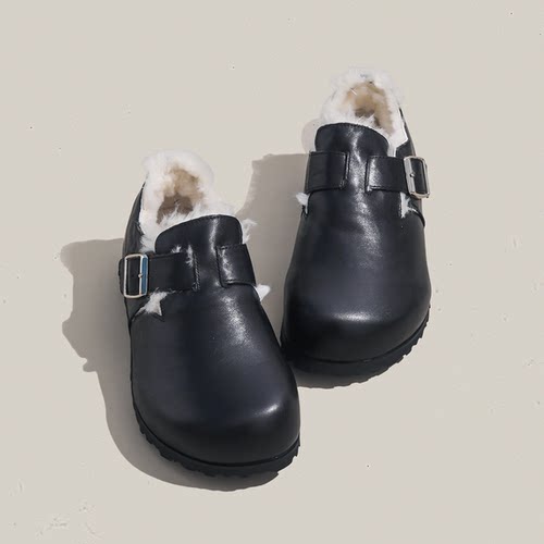 周周推荐~加绒牛皮勃肯鞋女2025新款厚底懒人一脚蹬外穿毛毛鞋子