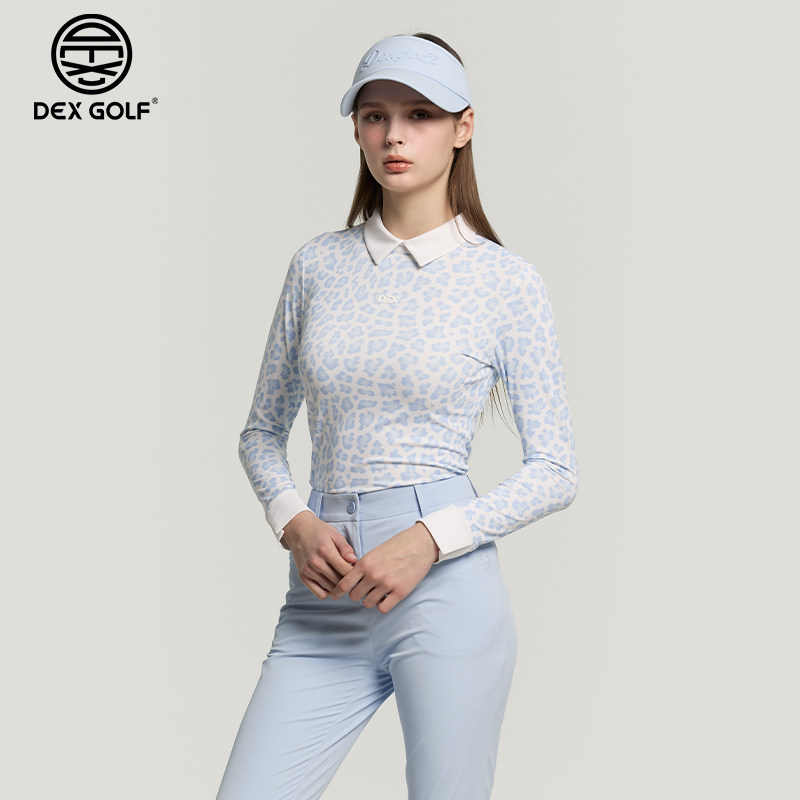 DEX GOLF高尔夫女士服装春夏新款女豹纹长袖翻领设计感时尚运动