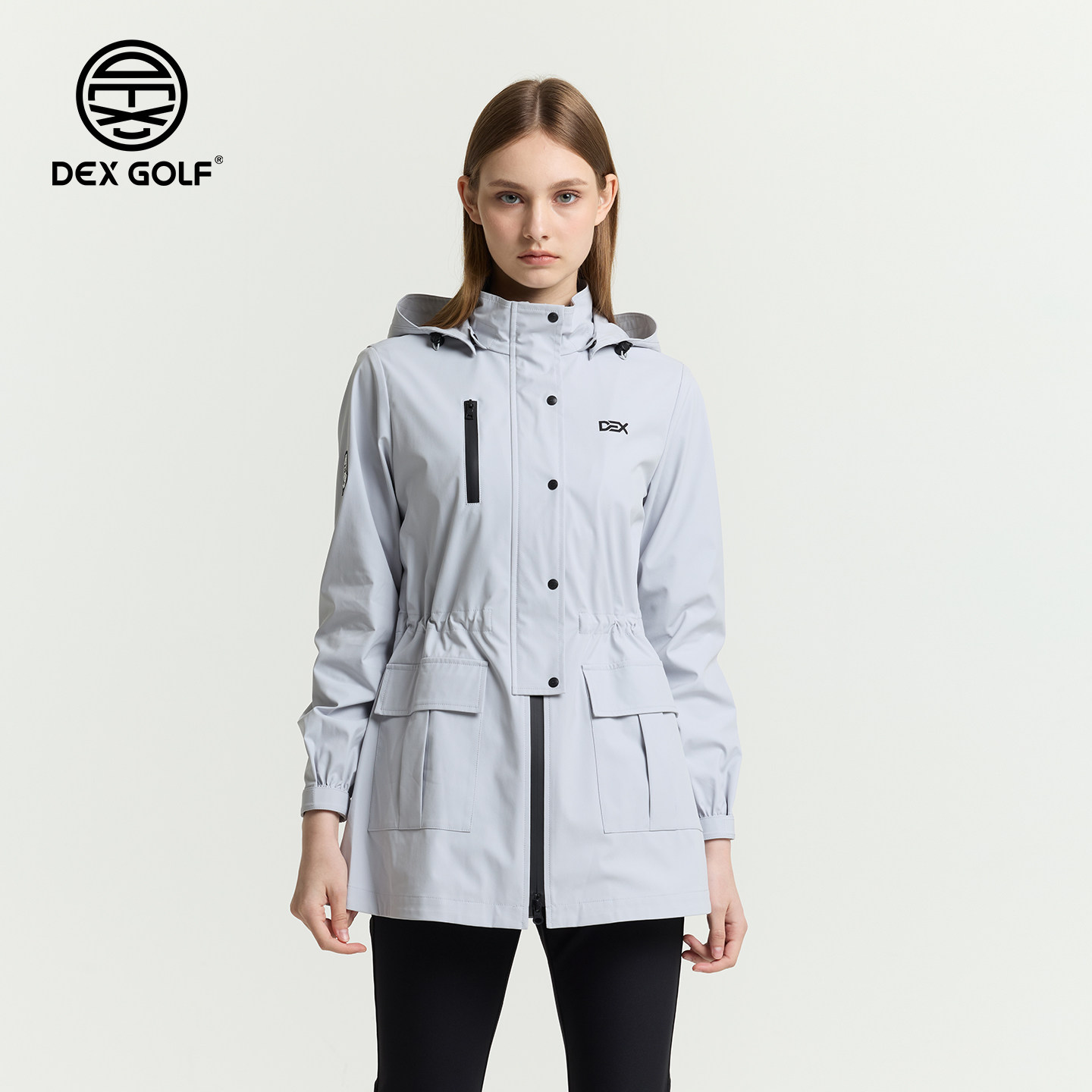 DEXGOLF韩国高尔夫女装防风防雨雨衣收腰显瘦中长风衣款连帽外套