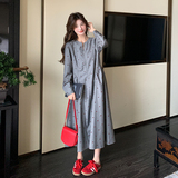 2026春装！韩系西装裙灰色小V领植绒连衣裙8601-P125-K188，女装连衣裙，2C186