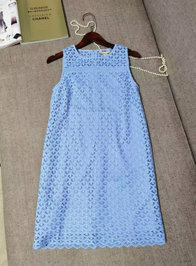 原D鱼鳞纹淡蓝色蕾丝连衣裙简约无袖A型通勤OL款搭配西服风衣开衫